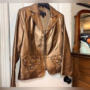 Bernardo Metallic Bronze Genuine Leather Zip Blazer Jacket Petite Large